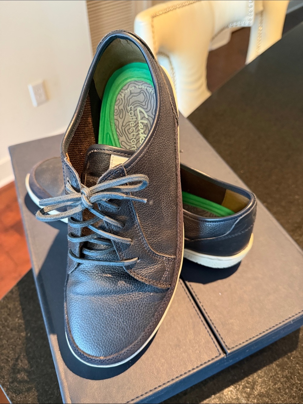 Clarks Black Leather Derby Shoes with Green Insole